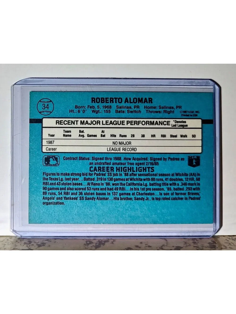 Roberto Alomar 1988 Donruss MLB #34 Baseball Card San Diego Padres